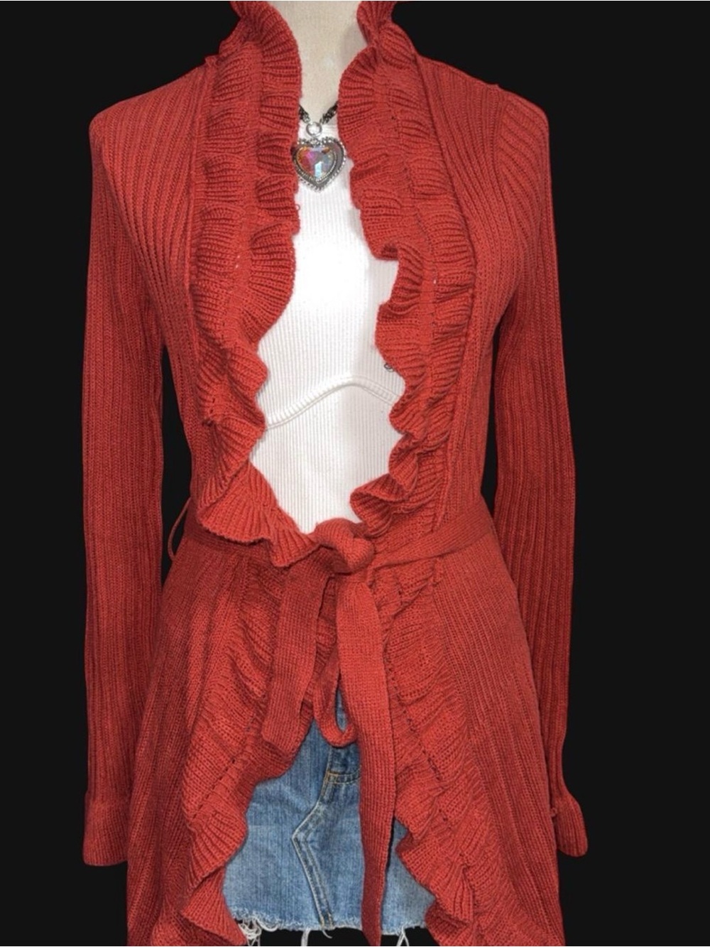 2B Bebe Rust Ruffle-Trim Open Tie-Front Cardigan